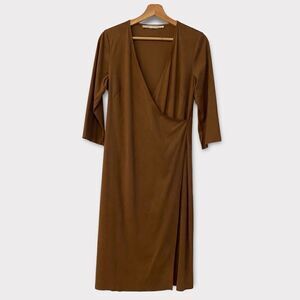 Max Studio Faux Suede academia Fo Wrap Camel Midi Deep Vee Neck Fitted Dress